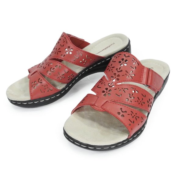 Croft & Barrow Paula Slip On Sandal Slide Red Faux Leather Laser Cut Details - Picture 2 of 9